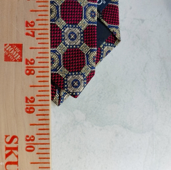 Lands End Silk Necktie Tie Red Multicolored Geometric Multi Pattern Handsewn - Picture 5 of 9
